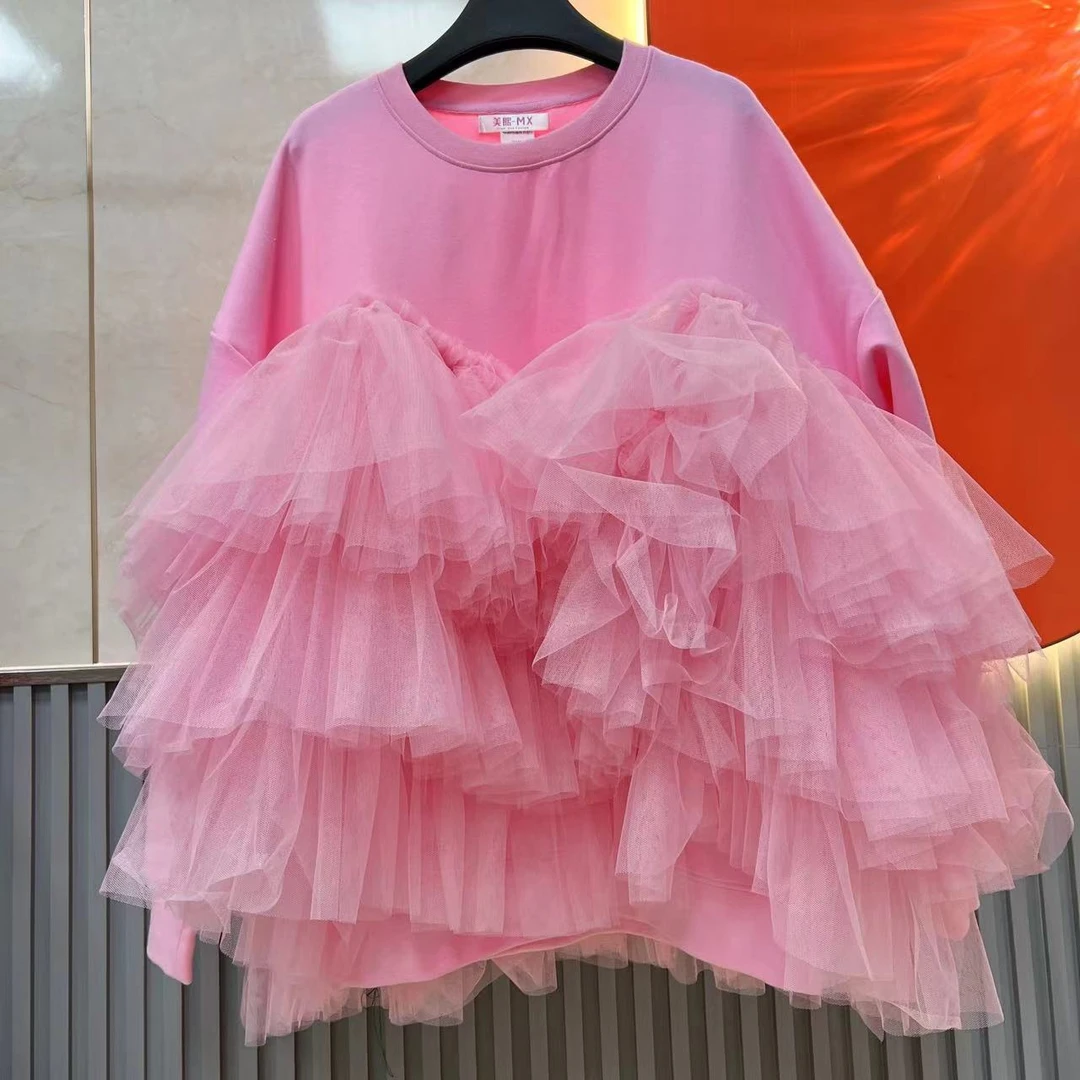 77168【熙妮定制】泰潮高端设计师款潮流减龄卫衣大纱裙摆甜美