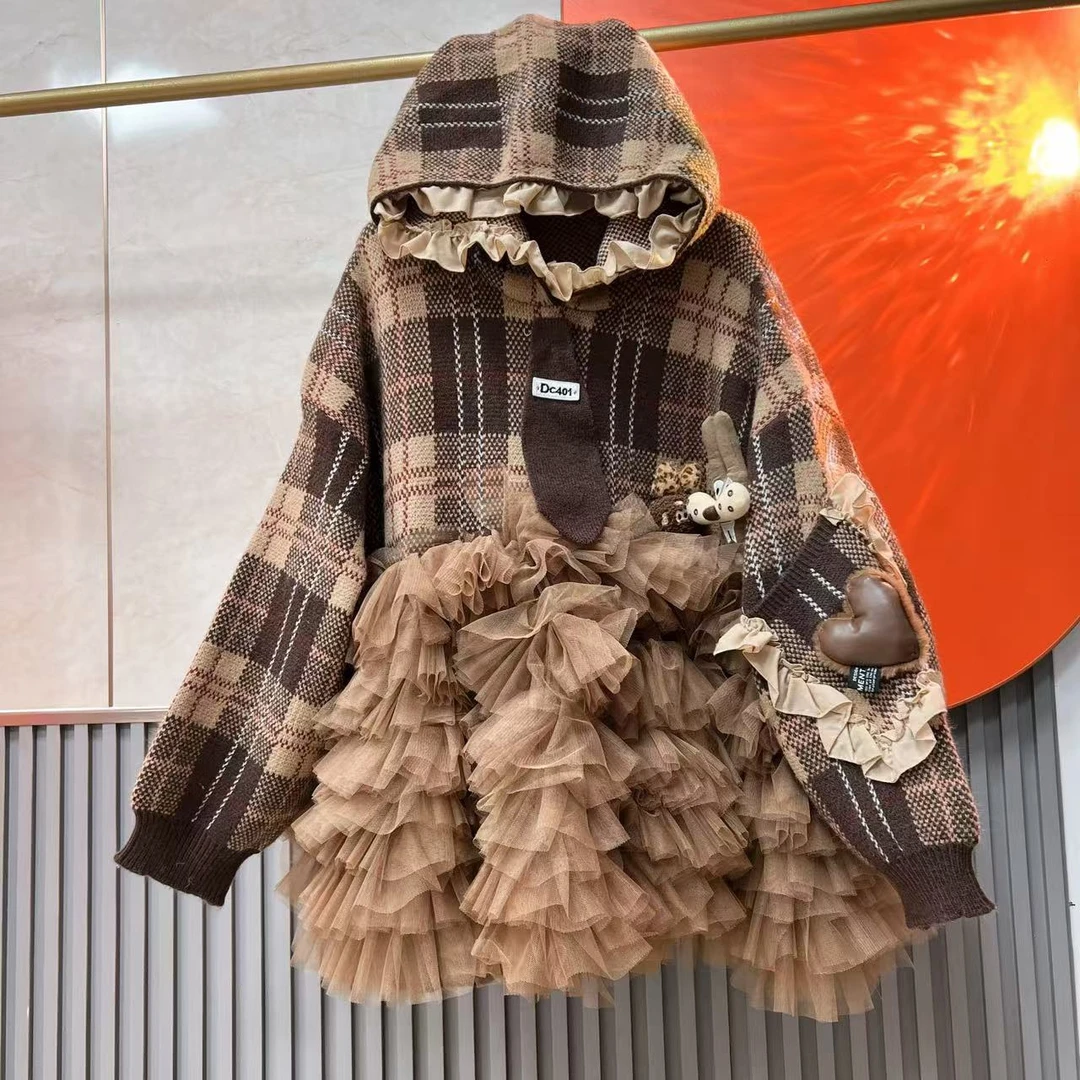 1736【熙妮潮牌】潮牌设计师私人定制领带连帽复古格子拼色毛衣裙