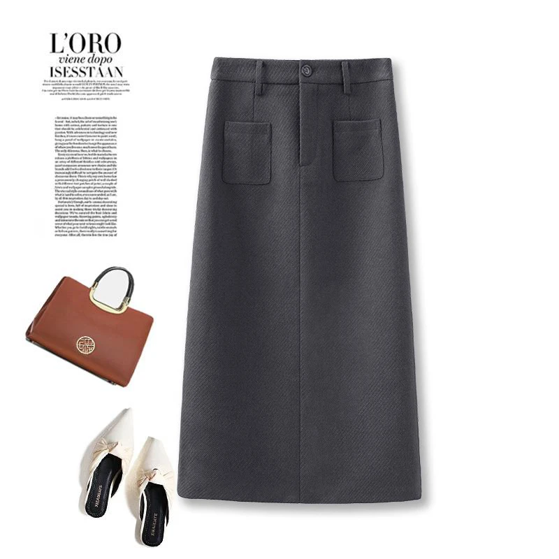 拉夏贝尔毛呢直筒裙女冬季2024新款气质包臀裙开叉直筒高腰半身裙