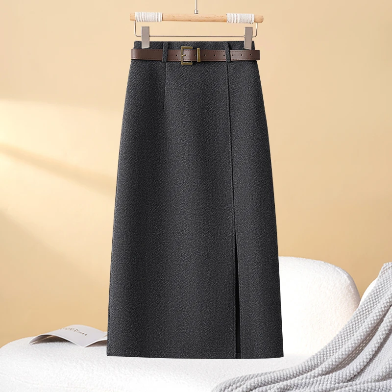 拉夏贝尔灰色毛呢半身裙女2025早春新款高级感a字长裙一步包臀裙