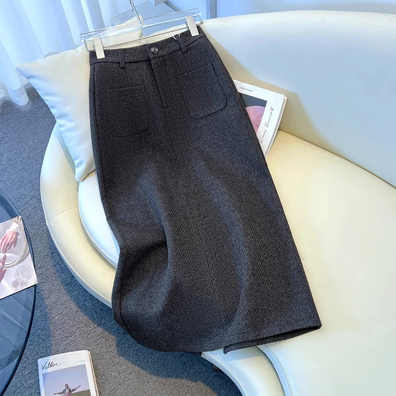 拉夏贝尔高腰半身裙女2025春秋新款韩系简约开叉包臀显瘦直筒裙子