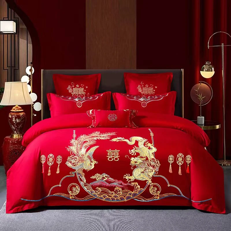 100%全棉大红色结婚四件套新婚高档纯棉刺绣被套中式婚礼床上用品