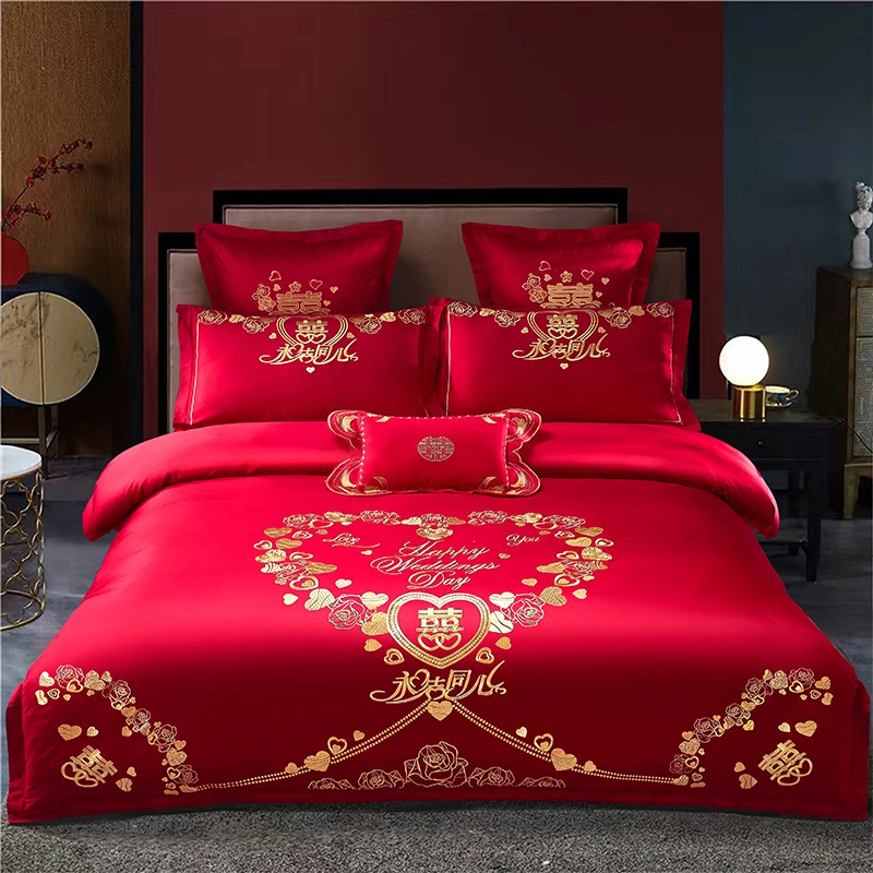 100%全棉大红色结婚四件套新婚高档纯棉刺绣被套中式婚礼床上用品