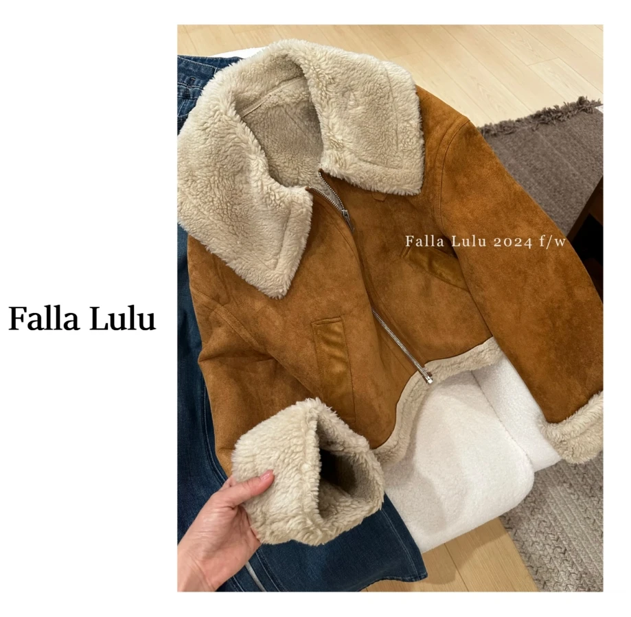 @英子家  冬季加厚保暖皮毛一体时髦机车立领夹克外套  C1011