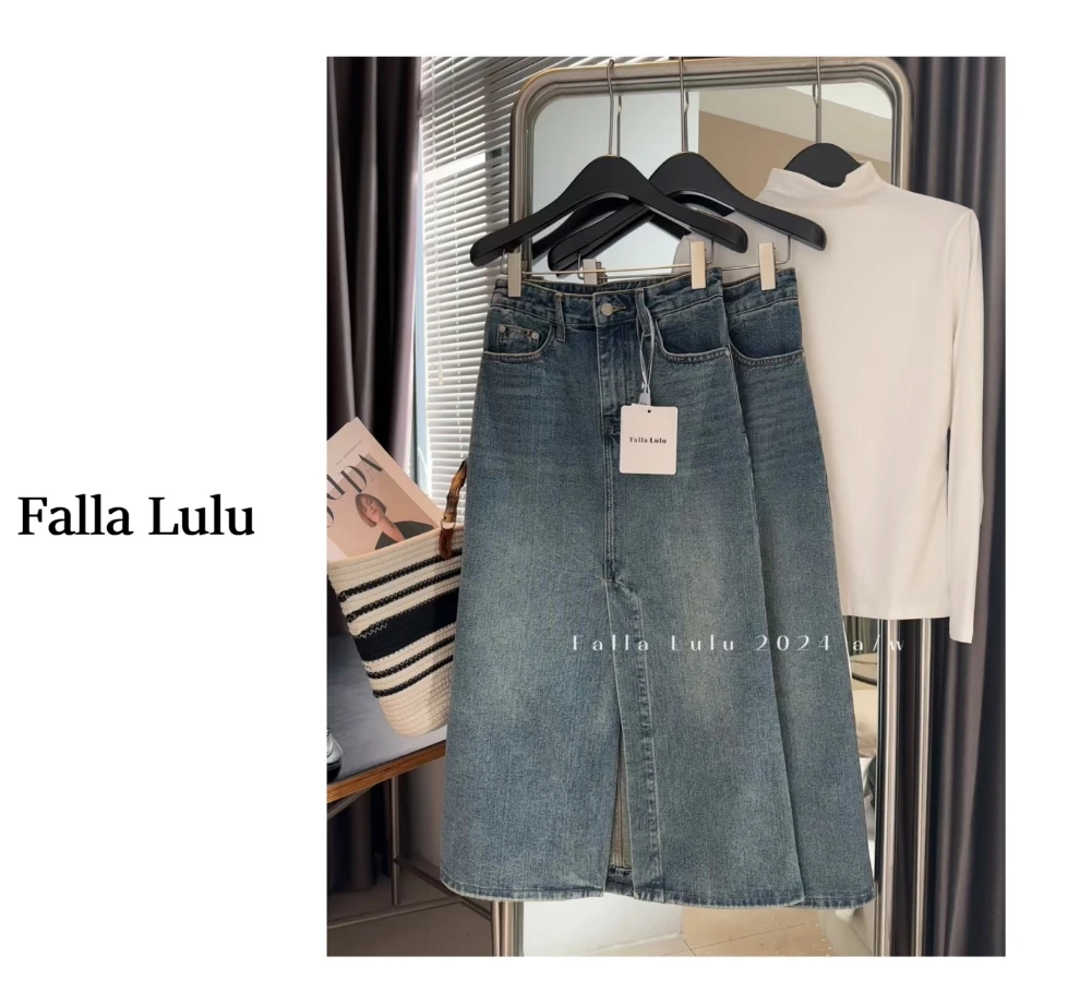 @英子家 复古显瘦高腰百搭前开叉牛仔半身裙  A5663