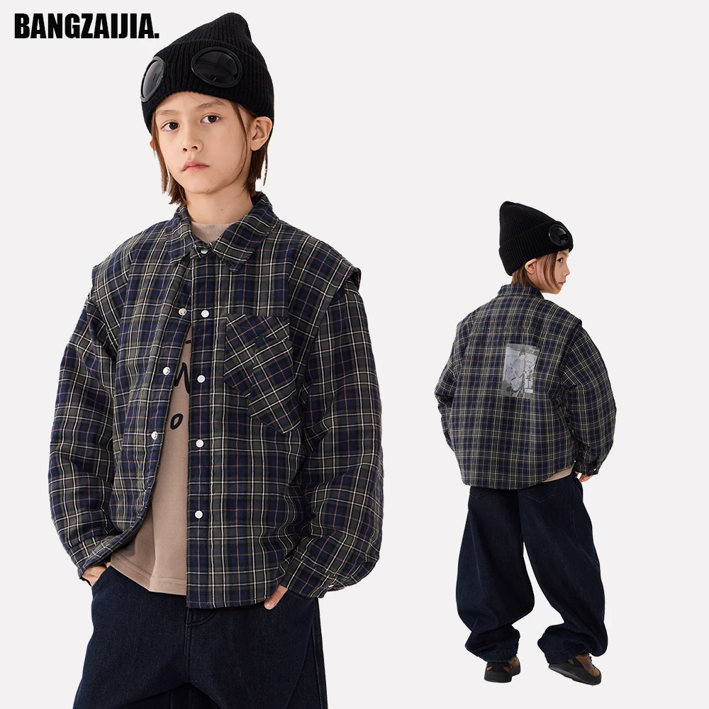 邦仔家童装24新冬儿童夹棉飞肩袖格子印花衬衫外套男女童加厚外套