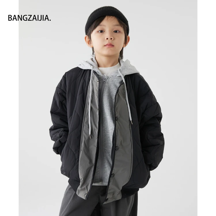 儿童日系假两件灰黑拼接棉服外套