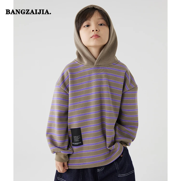儿童日系加绒条纹连帽卫衣