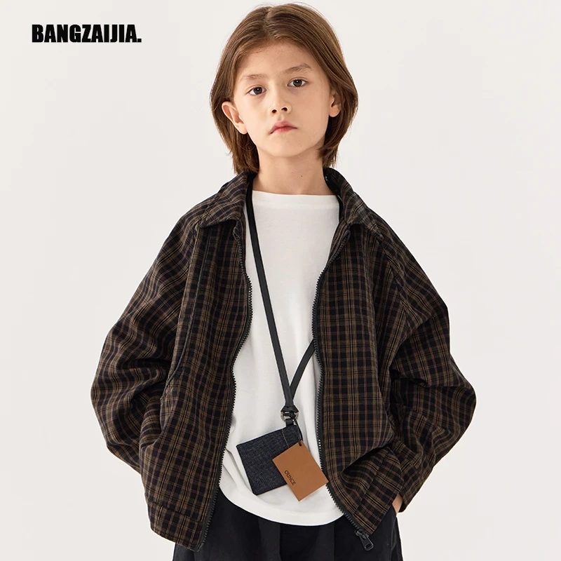 邦仔家童装2024春秋新款儿童日系复古格子立领外套男童夹克上衣