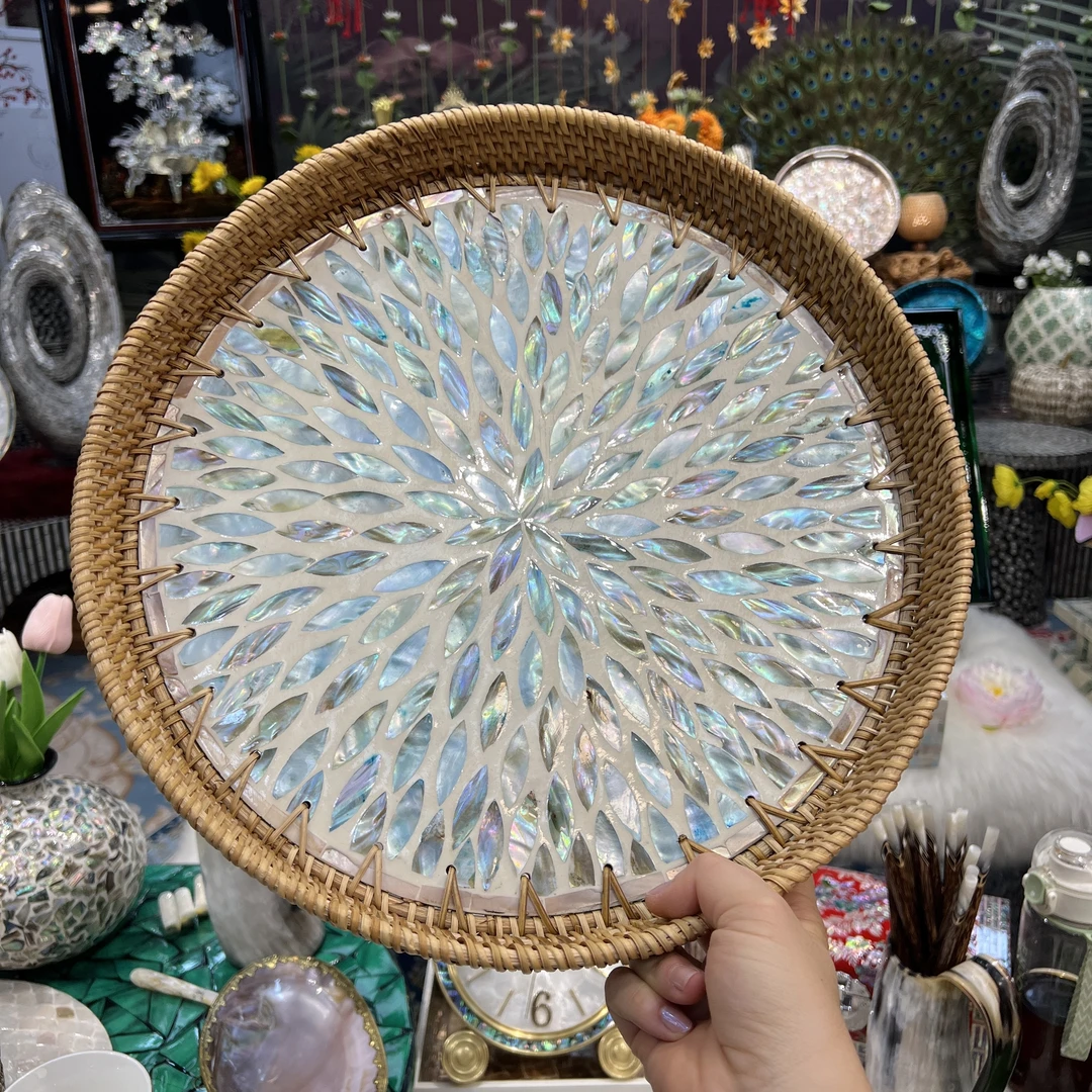 HH-买一送一越南藤编【水蓝调】款全贝壳镶嵌水果盘直径35cm