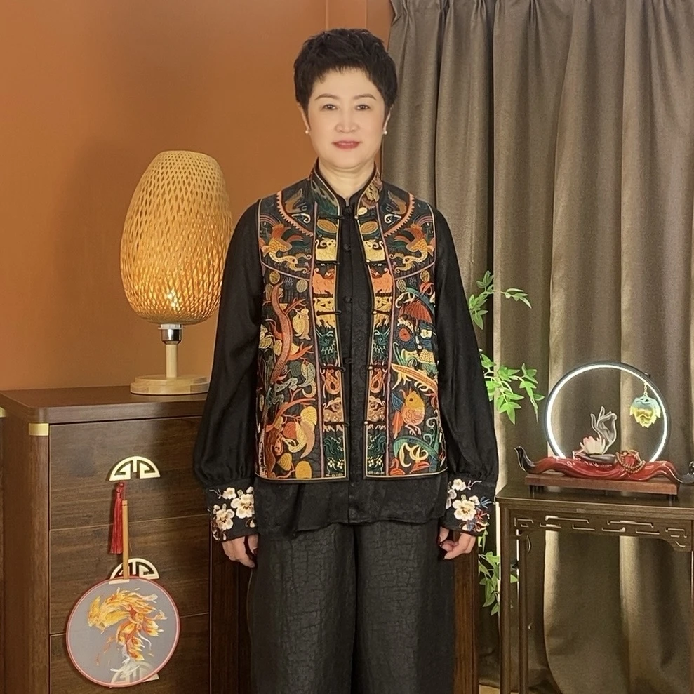 【沐杉高定】桑蚕丝龟裂纹老龟老料新中式轻奢民族风复古刺绣马甲