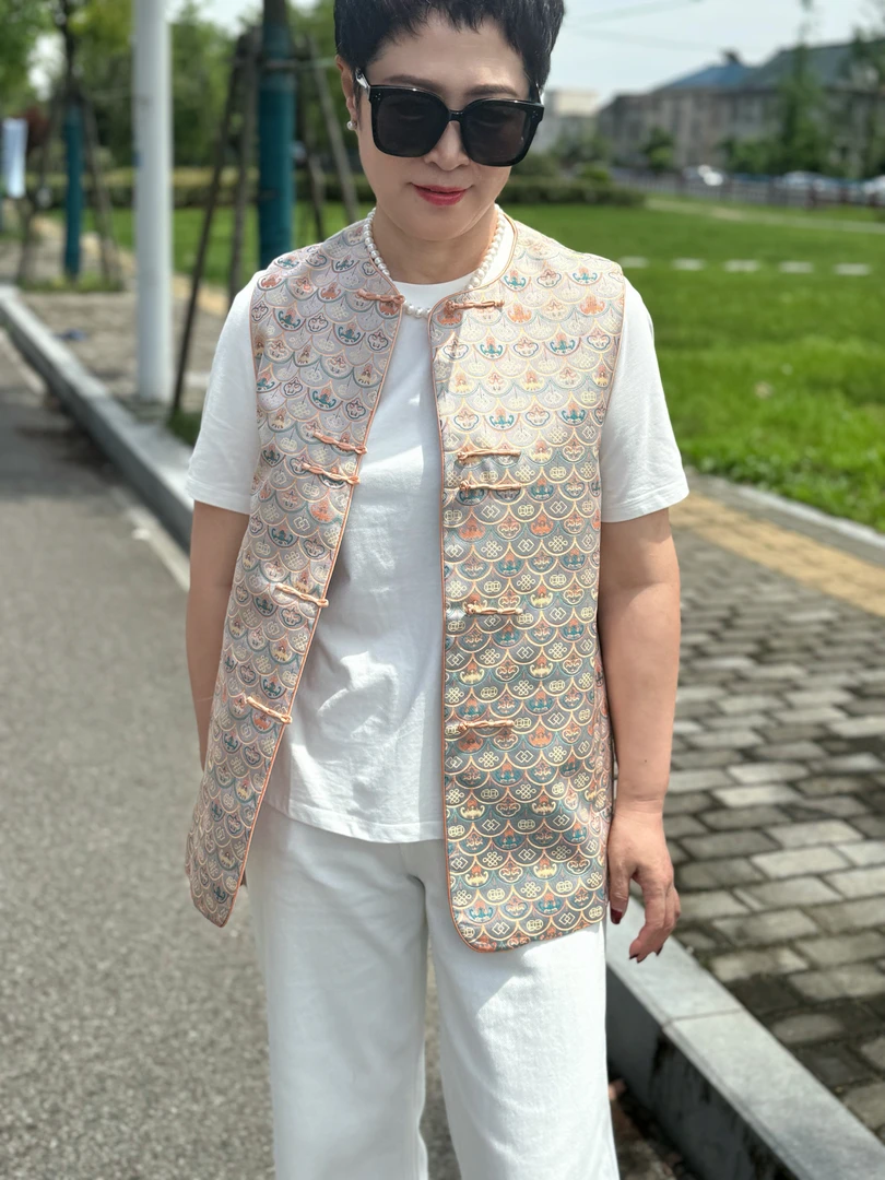 【风生水起】桑蚕丝宋锦新中式国风32姆米真丝提花坎肩无袖女马甲