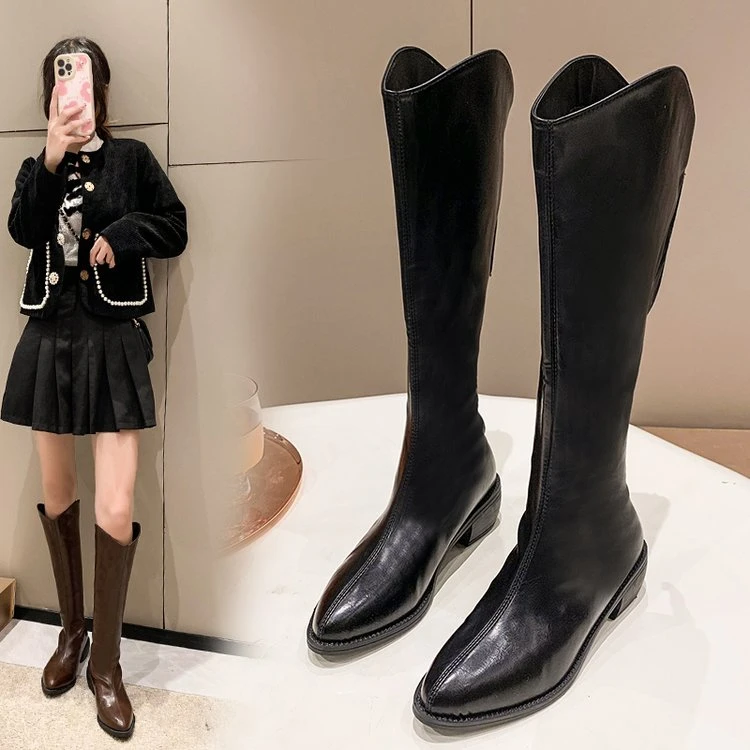 英伦复古纯色尖头骑士靴女2023秋冬新款后拉链时尚显瘦百搭长筒靴
