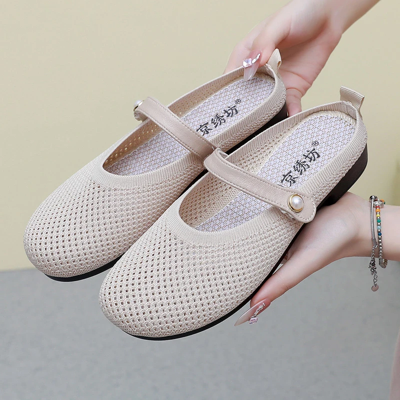 夏季老北京布鞋女凉鞋外穿包头镂空透气网面半托鞋百搭休闲休闲鞋