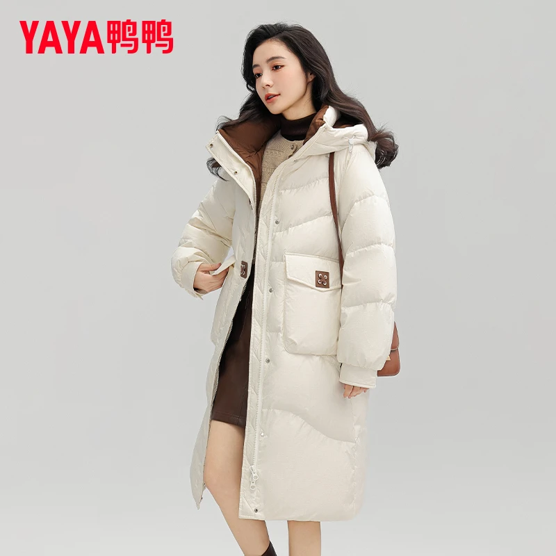 YAYA/鸭鸭羽绒服女中长款冬时尚纯色百搭休闲保暖外套YE3B629193L