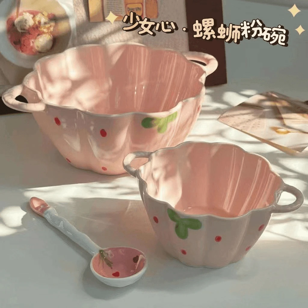 草莓可爱6英寸南瓜汤碗汤勺双耳碗高颜值餐具大容量家用汤盆H069
