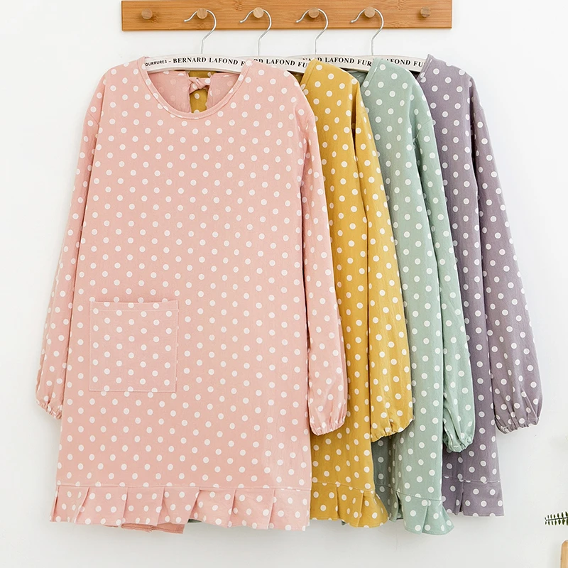 韩版时尚波点纯棉长袖围裙家用厨房做饭防油污耐磨透气新款工作服