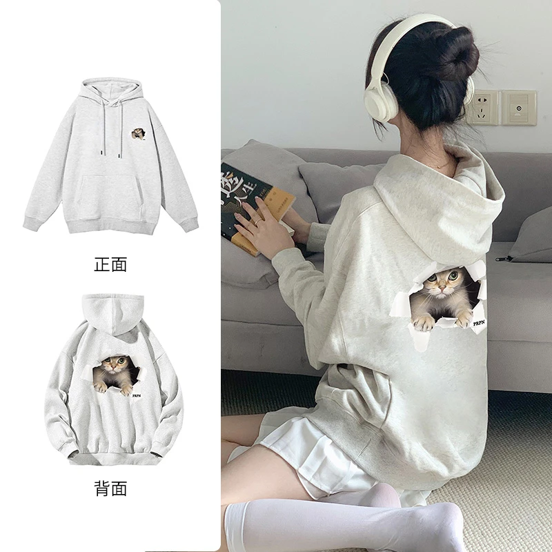 PRPN加绒加厚街头设计感百搭连帽卫衣女ins趣味小猫印花上衣#R342