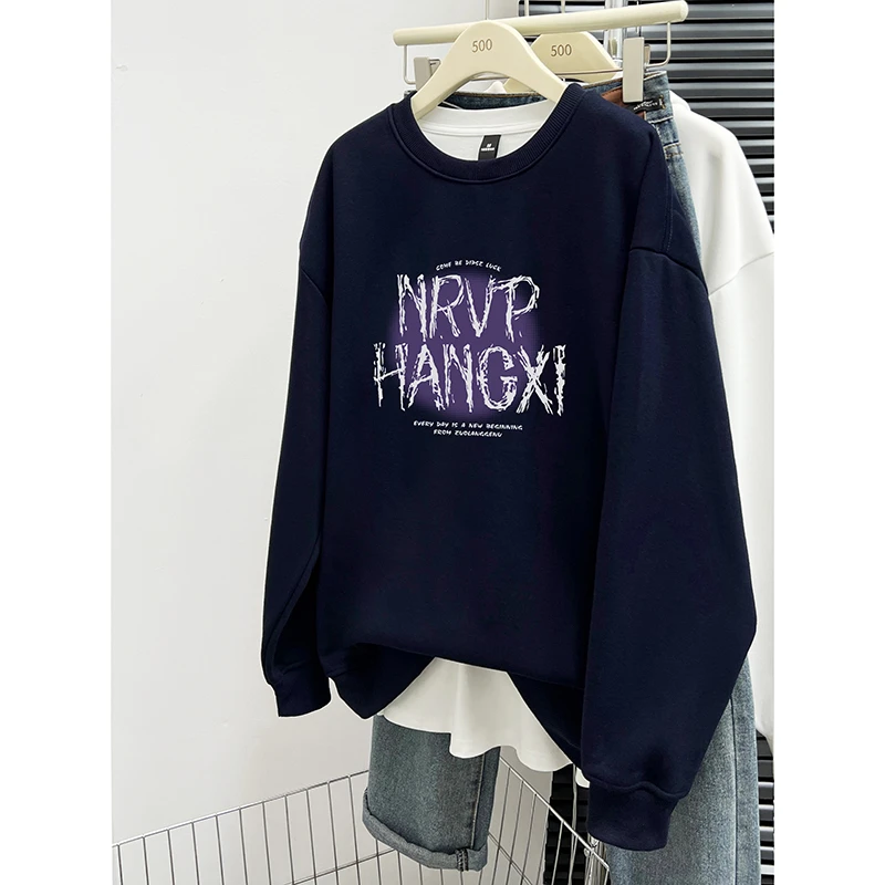 韩版时尚字母印花宽松圆领卫衣女装秋冬慵懒风百搭套头长袖上衣潮