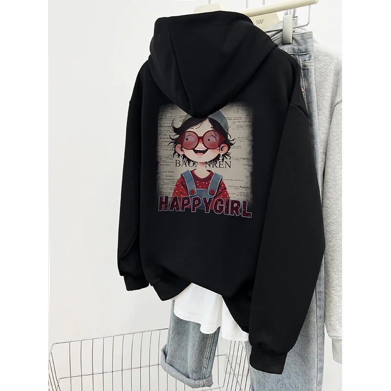 韩版时尚宽松前后印花纽扣连帽衫卫衣女秋冬加绒新款休闲百搭上衣