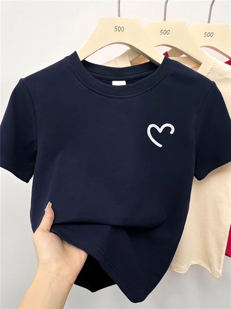 小众爱心印花圆领胖mm正肩短袖t恤女装夏季新款休闲显瘦减龄上衣