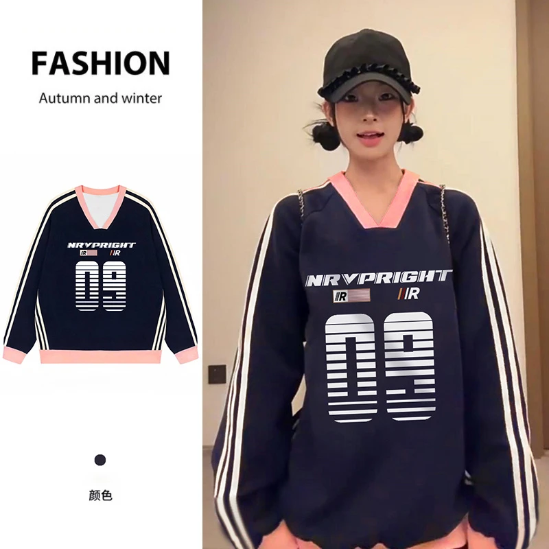 雅丹美式chic运动风V领三条杠卫衣2024秋冬新款宽松休闲百搭上衣