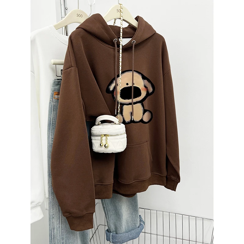 美式复古连帽卫衣女装秋冬加绒加厚宽松小狗洋气印花2024新款上衣