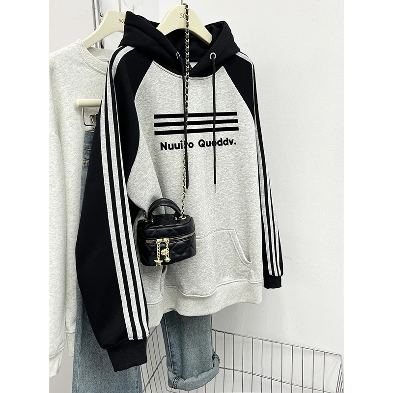 美式潮牌撞色三条杠插肩连帽卫衣女装2024秋冬季加绒加厚上衣外套