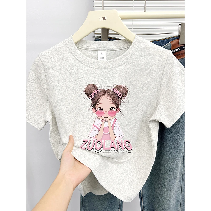 夏季新款圆领小个子卡通印花正肩短袖t恤女装时尚百搭显瘦上衣ins
