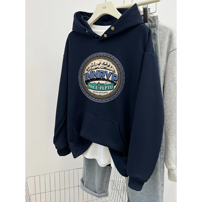 重磅加绒加厚连帽卫衣女秋冬2024年新款宽松潮牌字母印花外套上衣