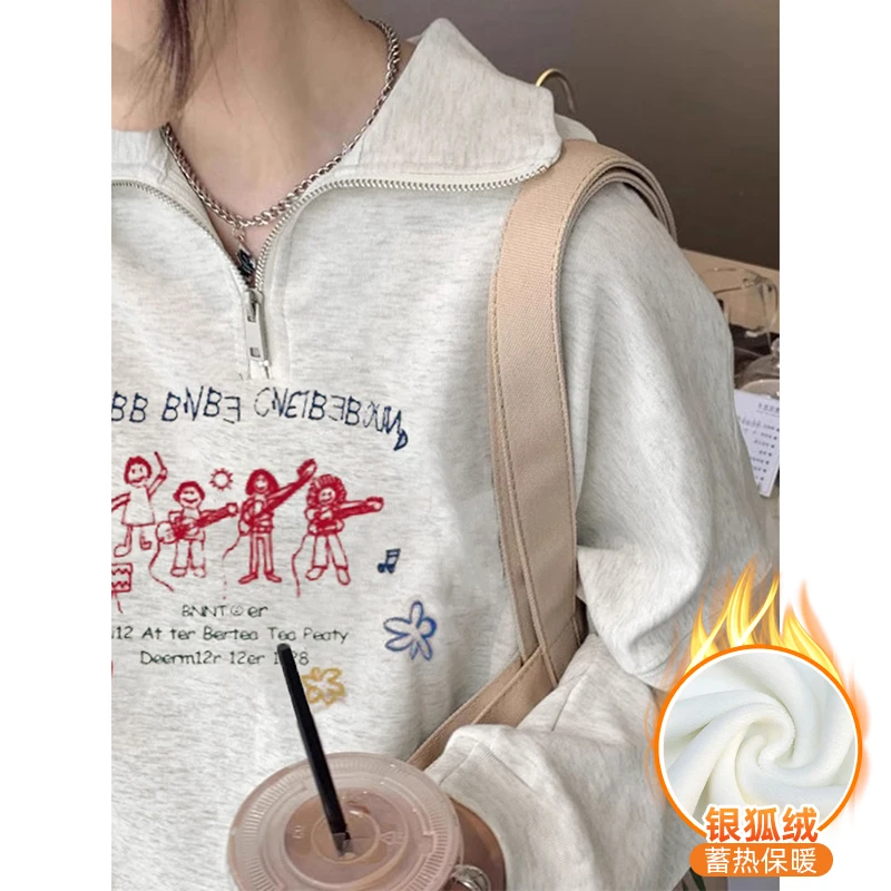 韩系ins减龄印花休闲百搭polo领卫衣女新款宽松大码时髦穿搭上衣