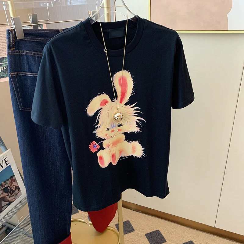 黑色短袖T恤女夏季20223新款时尚百搭卡通兔子印花纯棉半袖上衣潮