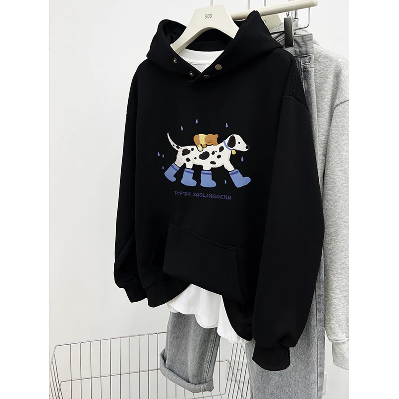 秋冬新款韩系ins减龄卡通印花加绒连帽卫衣女装宽松休闲百搭帽衫