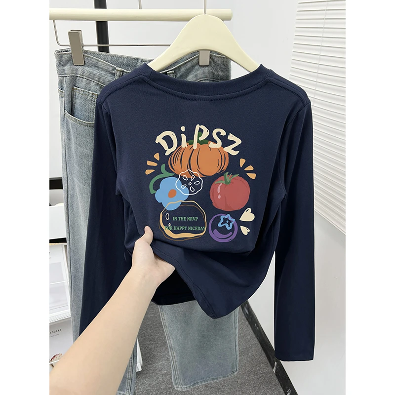 正肩长袖打底衫t恤女秋季2024新款韩版休闲百搭圆领设计感上衣ins