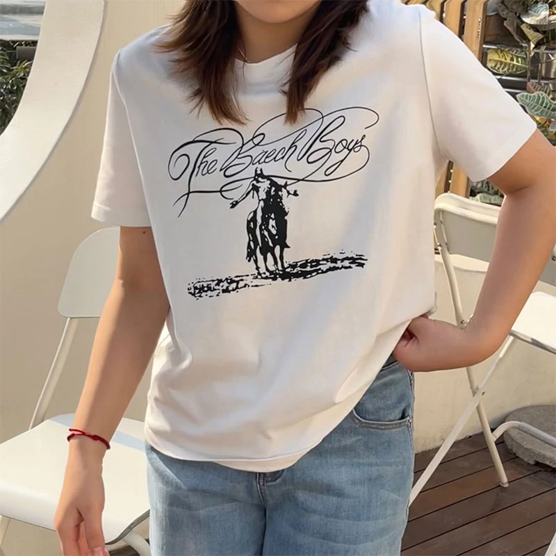 纯棉白色时尚洋气印花短袖T恤2023春夏新款大码女装休闲百搭上衣