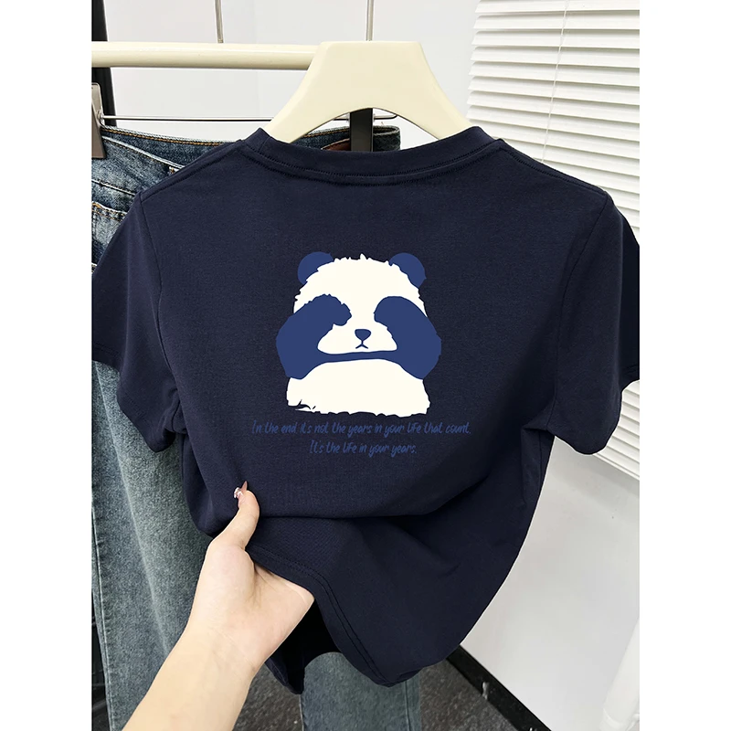 藏蓝色正肩短袖t恤女装卡通小熊猫印花显瘦圆领小众大码胖mm体恤