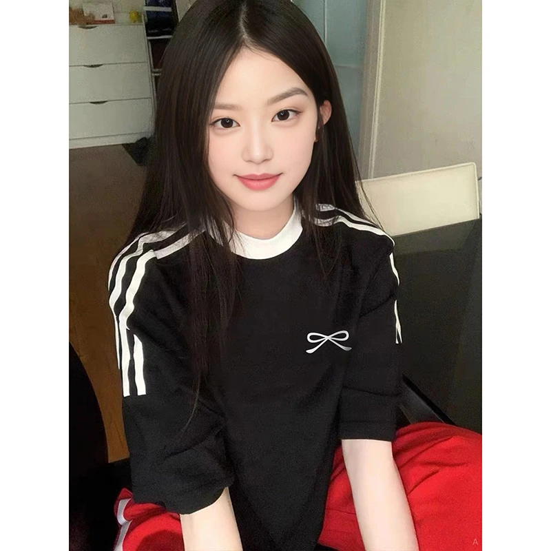 纯棉三条杠短袖T恤女夏季新款overszie宽松高街半袖上衣佐朗格奴