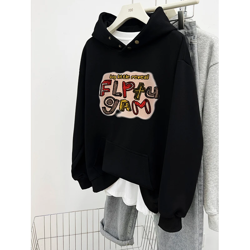 潮牌设计感印花加绒黑色连帽卫衣男女情侣装宽松休闲百搭洋气帽衫