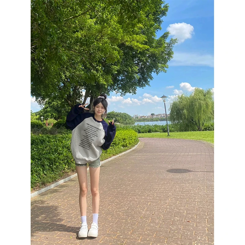 韩版撞色潮牌字母印花圆领卫衣女装反季时尚休闲百搭宽松插肩上衣
