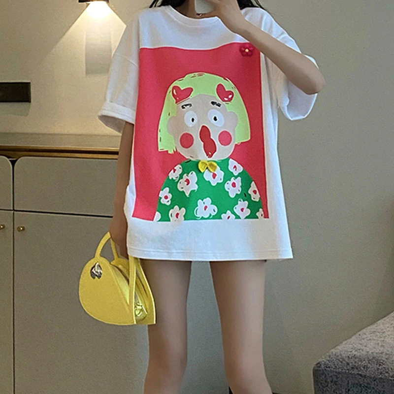 趣味印花图案洋气短袖T恤2023夏新款韩版纯棉大码女装套头上衣潮