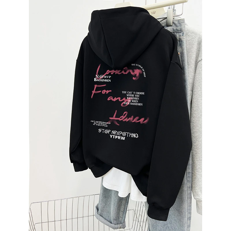 雅丹纽扣套头连帽卫衣女2024秋冬新款爆款宽松前后字母印花上衣潮