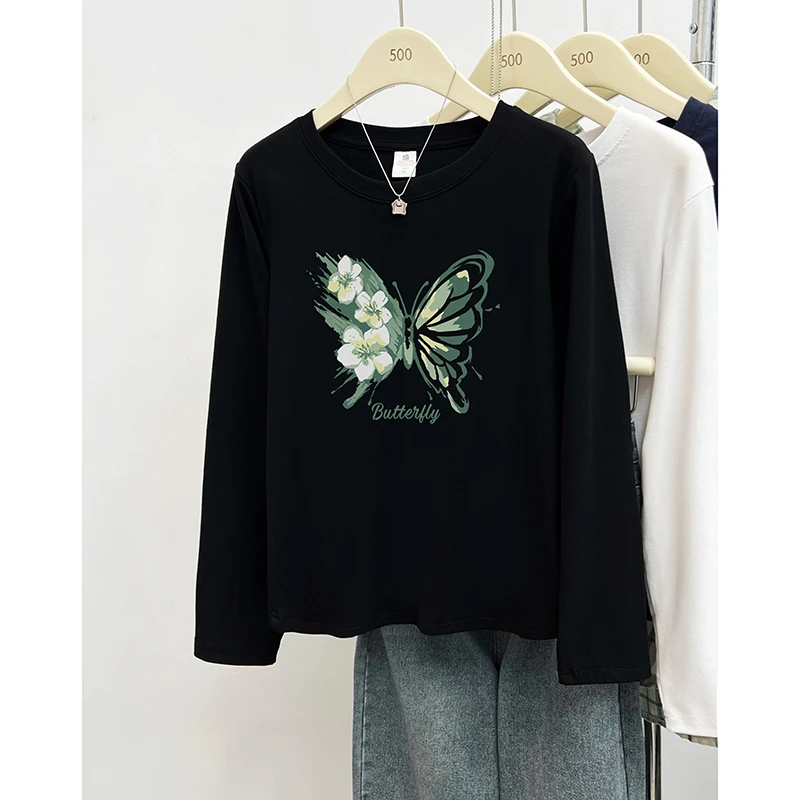 黑色正肩长袖T恤女秋季新款韩版时尚蝴蝶印花小个子圆领打底上衣