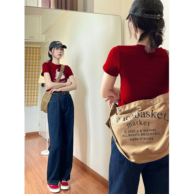 酒红色显瘦显白正肩短袖t恤女夏装新款减龄印花百搭上衣佐朗格奴