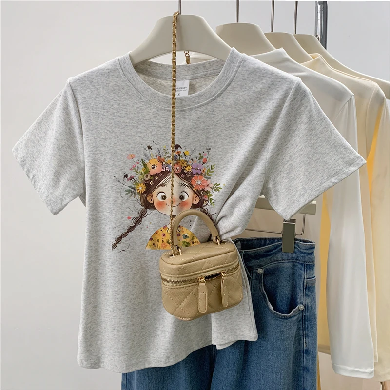 圆领正肩短袖T恤女2024夏季新款韩版时尚显瘦洋气小个子精致上衣