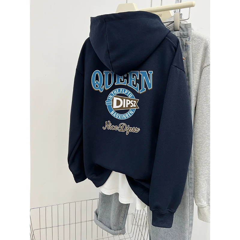 字母印花潮牌大码设计感纽扣连帽卫衣男女款秋冬加绒加厚宽松上衣