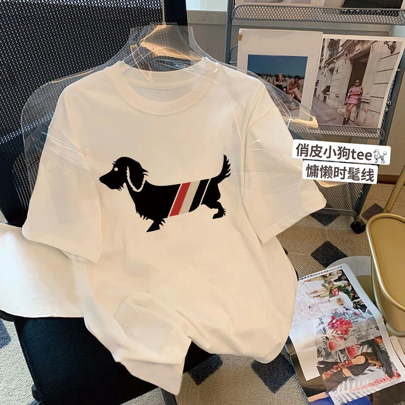 2025夏季新款慵懒小众t恤圆领印花小狗女款纯棉短袖白色上衣ins潮