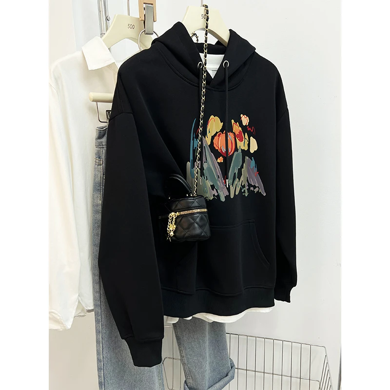 连帽卫衣女秋冬季新款韩版宽松休闲时尚花卉印花百搭薄款帽衫上衣