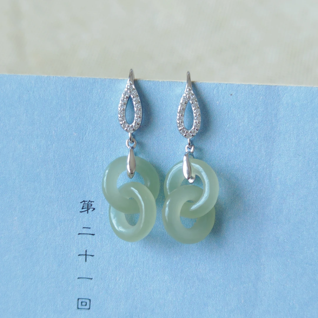 925银天然和田玉晴水料环环相扣银耳坠耳环防过敏811536