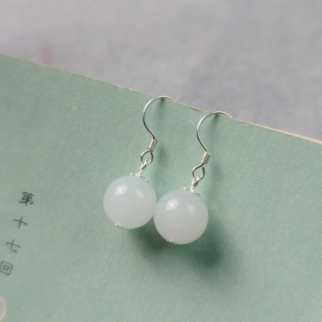 天然新疆金丝玉白圆珠耳环