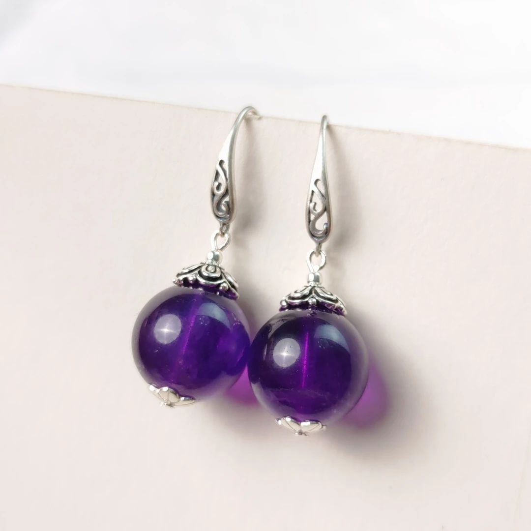 S925银天然巴西原矿紫水晶13毫米左右珠耳环巴西防过敏811374